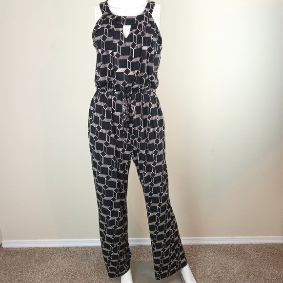 En Focus Women's Halter Neck Jumpsuit Size 8 Black White Stretch Geometric Print - Picture 1 of 8